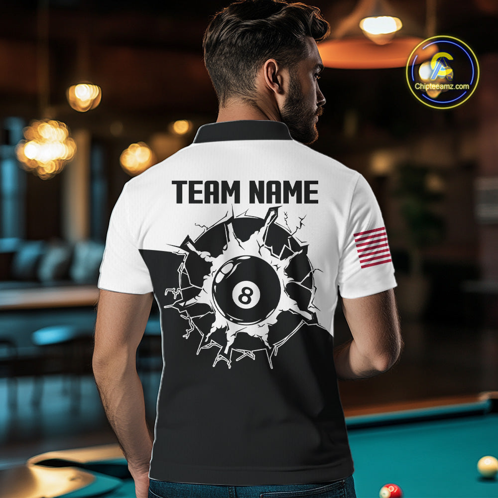 Back view of man wearing a black and white 8 ball billiard team jersey, custom pool tournament shirt.