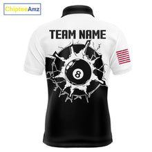 Load image into Gallery viewer, Black and white 8 ball pool team polo shirt with custom billiard graphics, personalized billiard team jersey.