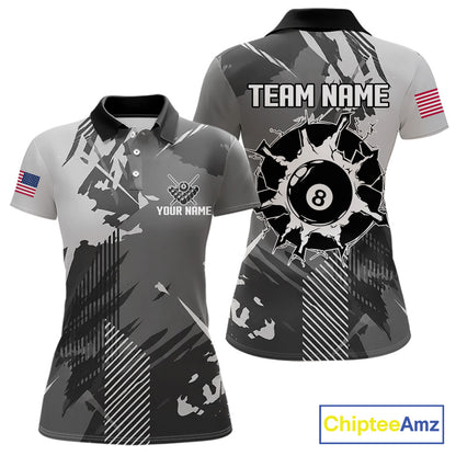 Grey grunge 8 ball custom billiard polo shirt for women, personalized pool team jersey for tournaments.