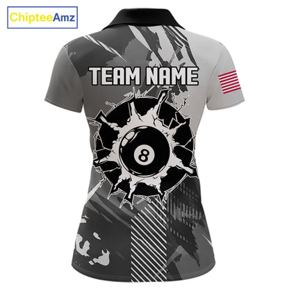 Grey grunge 8 ball pool team polo shirt with custom billiard graphics, personalized billiard team jersey.
