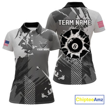 Load image into Gallery viewer, Grey grunge 8 ball custom billiard polo shirt for women, personalized pool team jersey for tournaments.