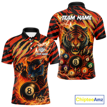 Orange flaming tiger 8 ball custom billiard polo shirt for men, personalized pool team jersey for tournaments.