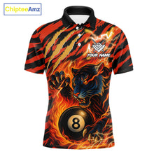 Load image into Gallery viewer, Orange flaming tiger 8 ball pool team polo shirt with custom billiard graphics, personalized billiard team jersey.