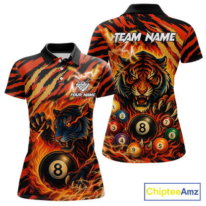 Orange flaming tiger 8 ball custom billiard polo shirt for women, personalized pool team jersey for tournaments.