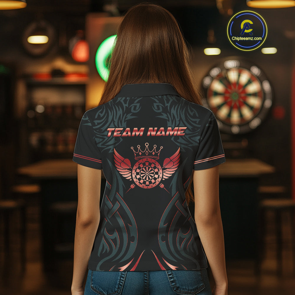 Black And Red Dartboard Crown Wings Custom Darts Shirt For Women, Darts Team Jerseys Polo & 1/4 Zip TDM4421