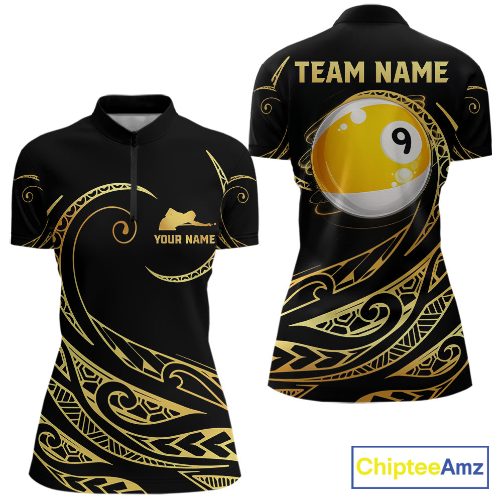 Personalized Black and Gold 9 Ball Tribal Pattern Quarter Zip Billiard Shirt Created for Pool League Teams with Performance Fabric and Custom Tournament Jersey Design