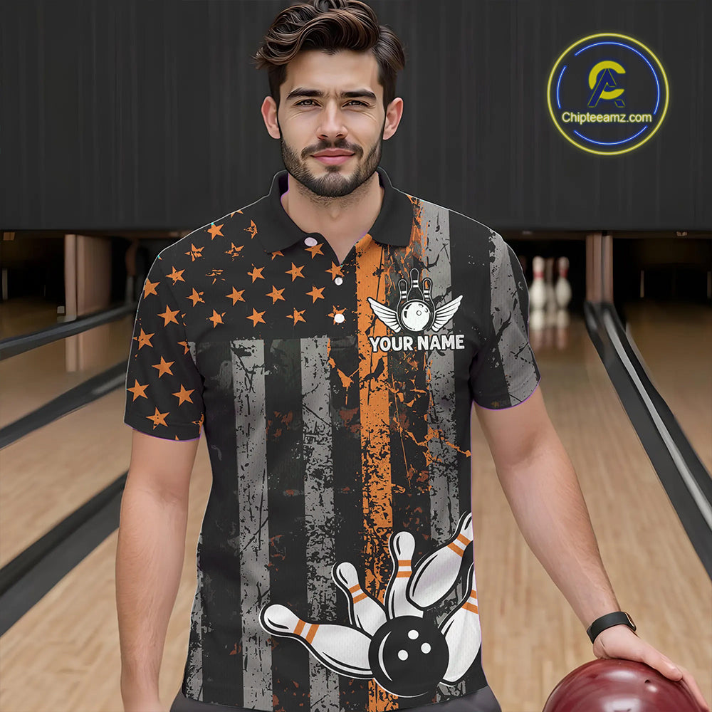 Orange Grunge American Flag Patriotic Bowling Shirts For Men Custom Bowling Team Jerseys TDM4852