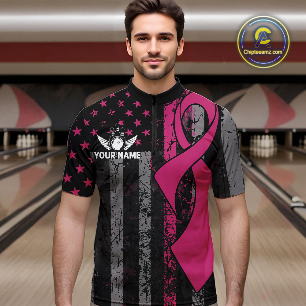 Custom Pink Ribbon Grunge US Flag Patriotic Bowling Shirt For Men, Breast Cancer Bowling Jerseys TDM4853