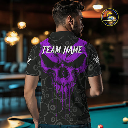 Personalized Skull 8 Ball Billiard Shirt For Men Custom Pool Team Jersey Polo & 1/4 Zip |Purple TDM5070