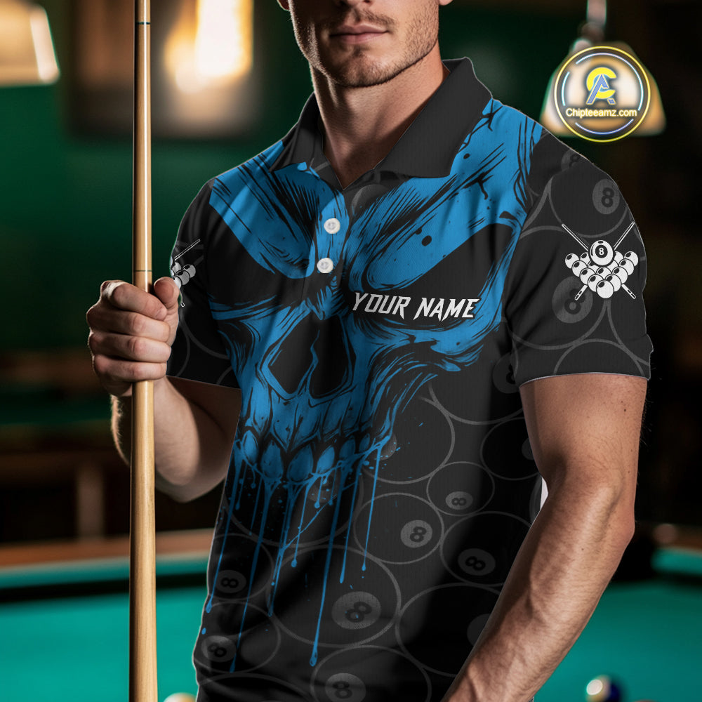 Personalized Skull 8 Ball Billiard Shirt For Men Custom Pool Team Jersey Polo & 1/4 Zip |Blue TDM5071