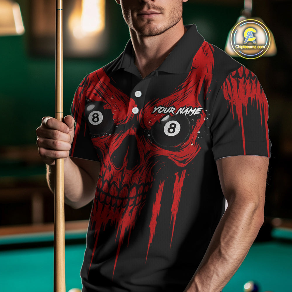 Red Grunge Skull Billiard Jersey For Men Custom 8 Ball Pool Billiard Shirt Team Polo & 1/4 Zip TDM5072
