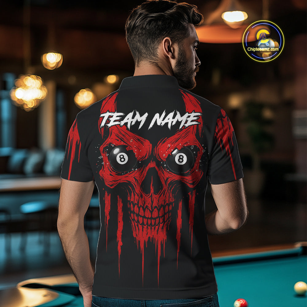 Red Grunge Skull Billiard Jersey For Men Custom 8 Ball Pool Billiard Shirt Team Polo & 1/4 Zip TDM5072