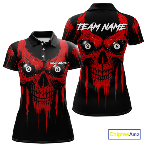 Red Grunge Skull Billiard Jersey For Women Custom 8 Ball Pool Billiard Shirt Team Polo & 1/4 Zip TDM5072
