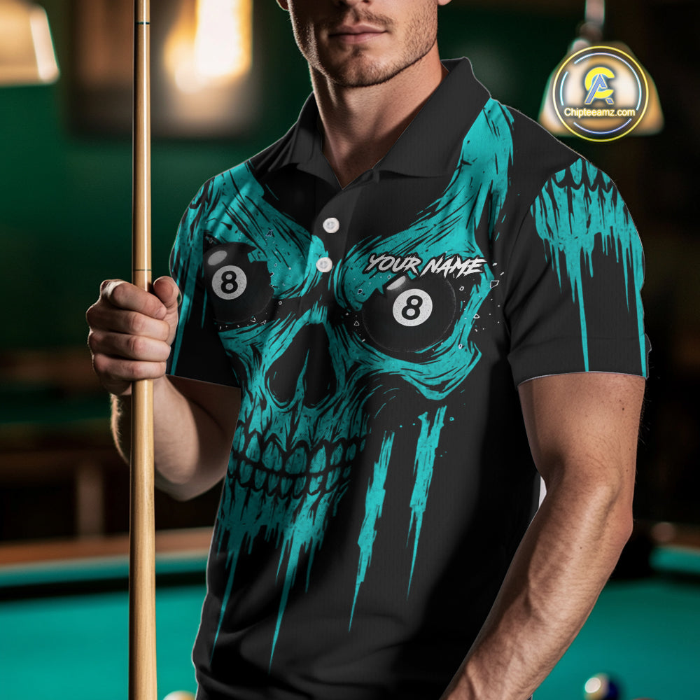 Turquoise Grunge Skull Billiard Jersey For Men Custom 8 Ball Pool Billiard Shirt Polo & 1/4 Zip TDM5074