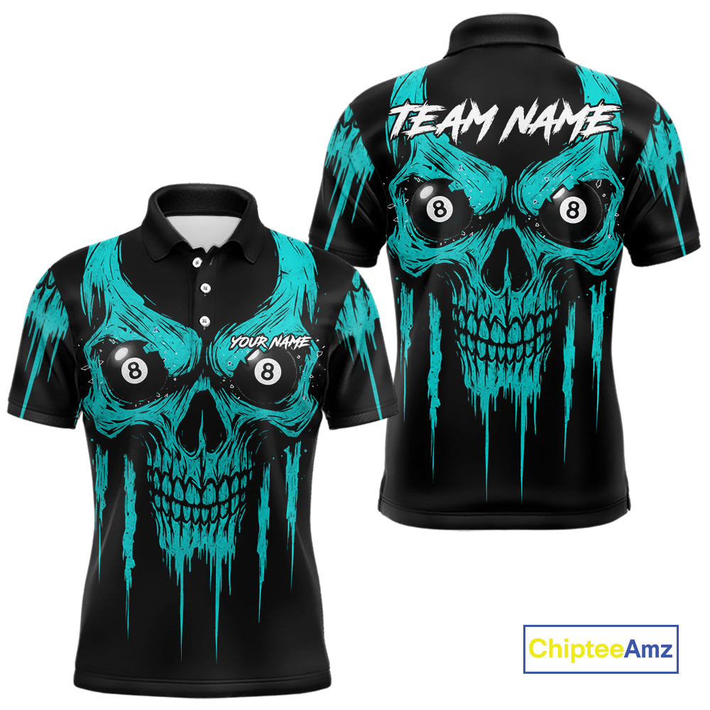 Turquoise Grunge Skull Billiard Jersey For Men Custom 8 Ball Pool Billiard Shirt Polo & 1/4 Zip TDM5074