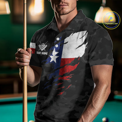 Personalized Texas & American Flag Camo Billiard Shirt For Men Custom Patriotic Pool Team Jersey TDM5543