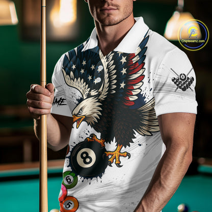 American Flag Eagle 8 Ball Pool Billiard Shirt For Men Custom Billiard Team Jersey Polo & 1/4 Zip TDM5550