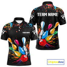 Load image into Gallery viewer, Bowling-themed shirt with colorful design and space for team name and player name.