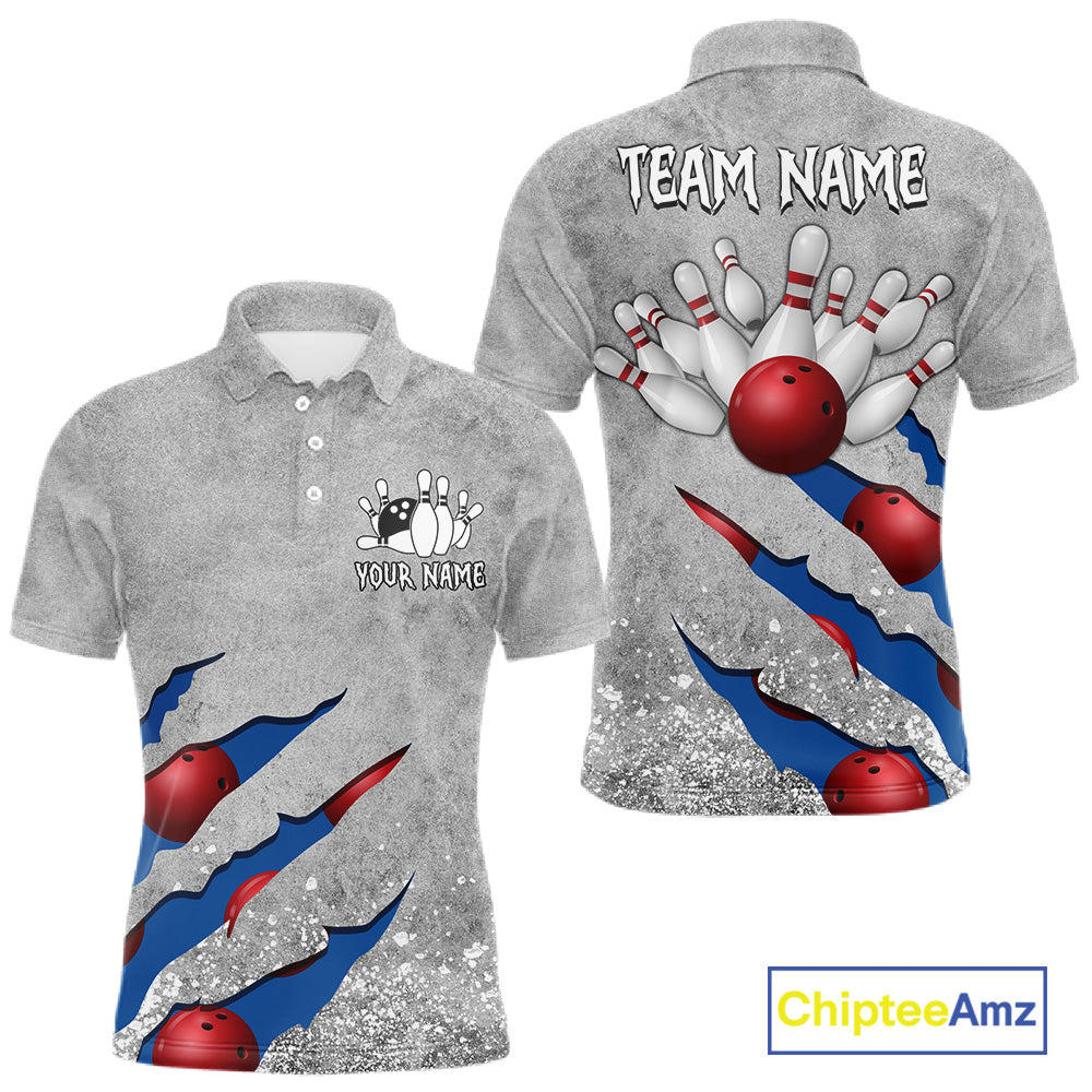 Blue grunge scratch custom bowling polo shirt for men, personalized bowling team jersey for league tournaments.