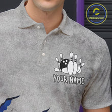 Load image into Gallery viewer, Close up of collar, chest and button details on a blue grunge scratch men's bowling polo shirt.