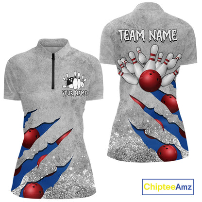 Blue grunge scratch quarter zip bowling shirt for women, custom bowling team jersey and tournament apparel.
