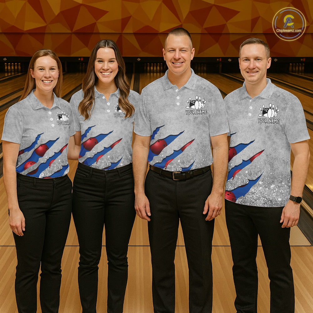 Bowling team wearing matching blue grunge scratch custom bowling jerseys front view.