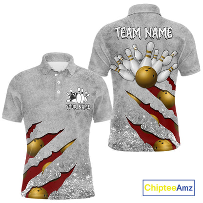 Red grunge scratch custom bowling polo shirt for men, personalized bowling team jersey for league tournaments.