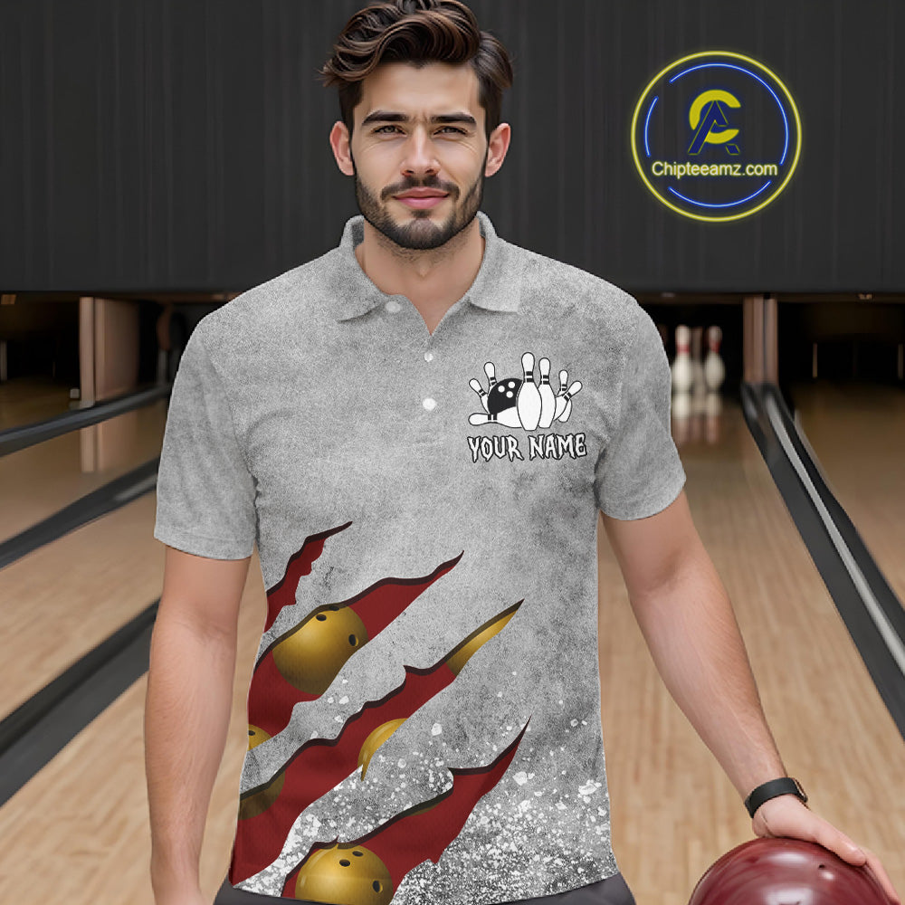 Man wearing a red grunge scratch bowling polo shirt front view, custom bowling league jersey for men.