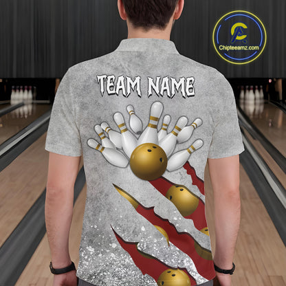 Back view of man wearing a red grunge scratch bowling polo shirt, custom bowling team jersey design.