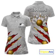 Load image into Gallery viewer, Red grunge scratch custom bowling polo shirt for women, personalized bowling team jersey for league tournaments.