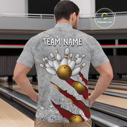 Back view of man wearing a red grunge scratch quarter zip bowling shirt, bowling league team uniform.