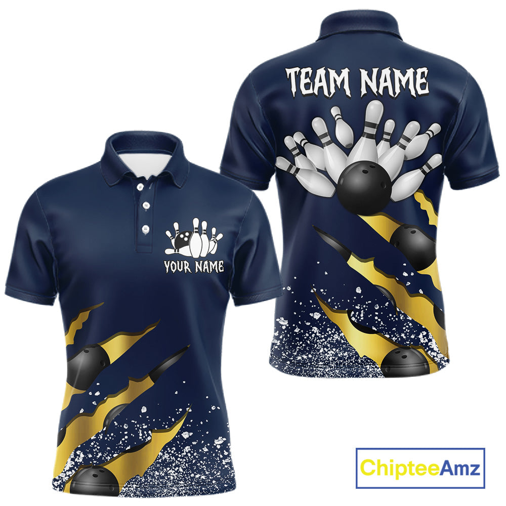 Navy blue and gold grunge scratch custom bowling polo shirt for men, personalized bowling team jersey for league tournaments.