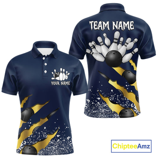 Navy blue and gold grunge scratch custom bowling polo shirt for men, personalized bowling team jersey for league tournaments.