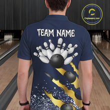 Load image into Gallery viewer, Back view of man wearing a navy blue and gold grunge scratch bowling polo shirt, custom bowling team jersey design.
