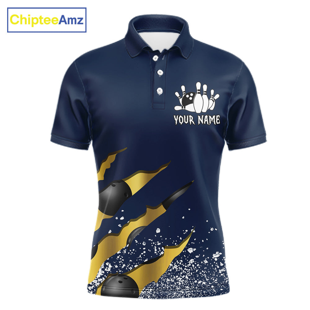 Navy blue and gold grunge scratch bowling team polo shirt for men with custom league and tournament graphics.