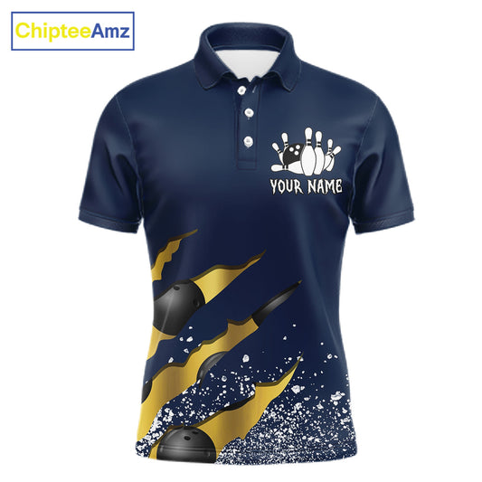 Navy blue and gold grunge scratch bowling team polo shirt for men with custom league and tournament graphics.