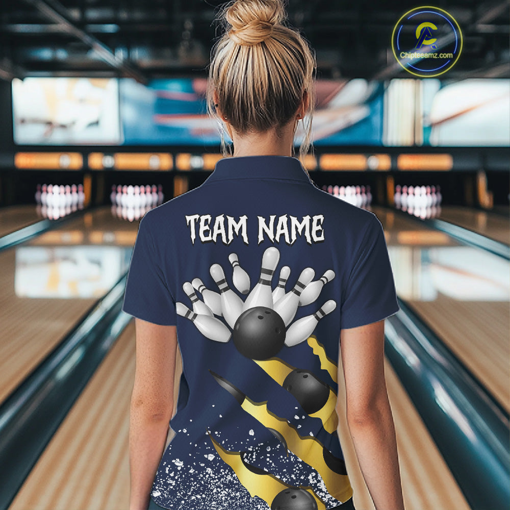 Back view of woman wearing a navy blue and gold grunge scratch bowling polo shirt, custom bowling team jersey design.