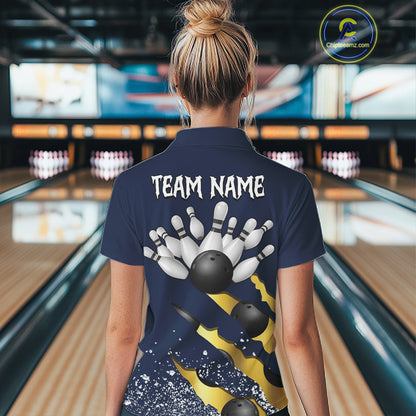 Back view of woman wearing a navy blue and gold grunge scratch bowling polo shirt, custom bowling team jersey design.