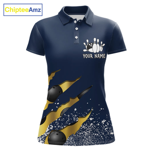 Navy blue and gold grunge scratch bowling team polo shirt for women with custom league and tournament graphics.