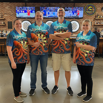 Dart Team Wearing Personalized Blue Funny Ocean Octopus Darts Jerseys During League Competition and Tournament Matches, Front View