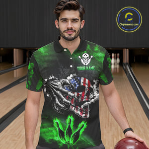 Green Flaming American Flag Skull Bowling Shirt For Men Custom Fire Bowling Team Jersey TDM4656