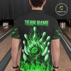 Green Flaming American Flag Skull Bowling Shirt For Men Custom Fire Bowling Team Jersey TDM4656