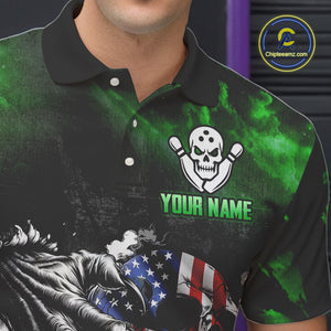 Green Flaming American Flag Skull Bowling Shirt For Men Custom Fire Bowling Team Jersey TDM4656