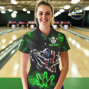 Green Flaming American Flag Skull Bowling Shirt For Women Custom Fire Bowling Team Jersey TDM4656
