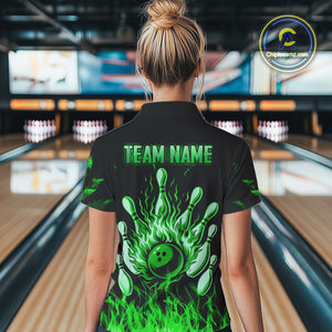 Green Flaming American Flag Skull Bowling Shirt For Women Custom Fire Bowling Team Jersey TDM4656