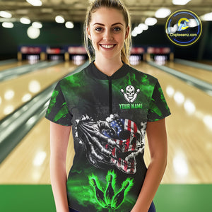 Green Flaming American Flag Skull Bowling Shirt For Women Custom Fire Bowling Team Jersey TDM4656