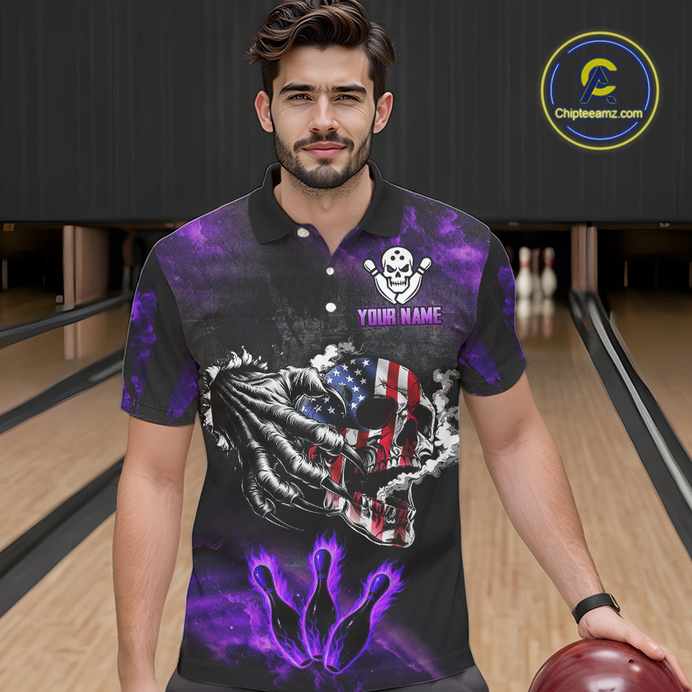 Purple Flaming American Flag Skull Bowling Shirt For Men Custom Fire Bowling Team Jersey TDM4657