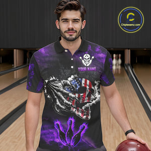 Purple Flaming American Flag Skull Bowling Shirt For Men Custom Fire Bowling Team Jersey TDM4657