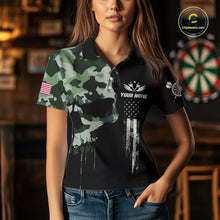 Load image into Gallery viewer, Green Camouflage Skull Darts Shirt For Women Custom Patriotic US Flag Darts Jersey Polo &amp; 1/4 Zip TDM5300