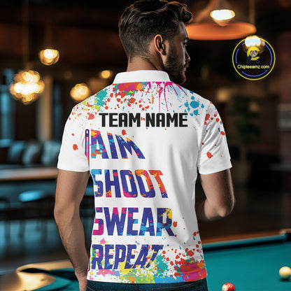 Colorful 8 Ball Crown Aim Shoot Swear Repeat Billiard Shirt For Men Custom Pool Team Jersey|White TDM5795
